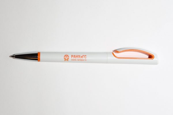 Ручка шариковая автомат ТЕК, белая, пластик, с оранжевым клипом, с логотипом